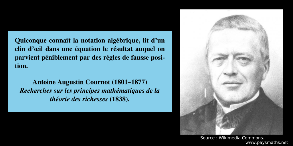 Portrait photographique d'Antoine-Augustin Cournot, et une citation : "Quiconque connaît la notation algébrique, lit d'un clin d'œil dans une équation le résultat auquel on parvient péniblement par des règles de fausse position."