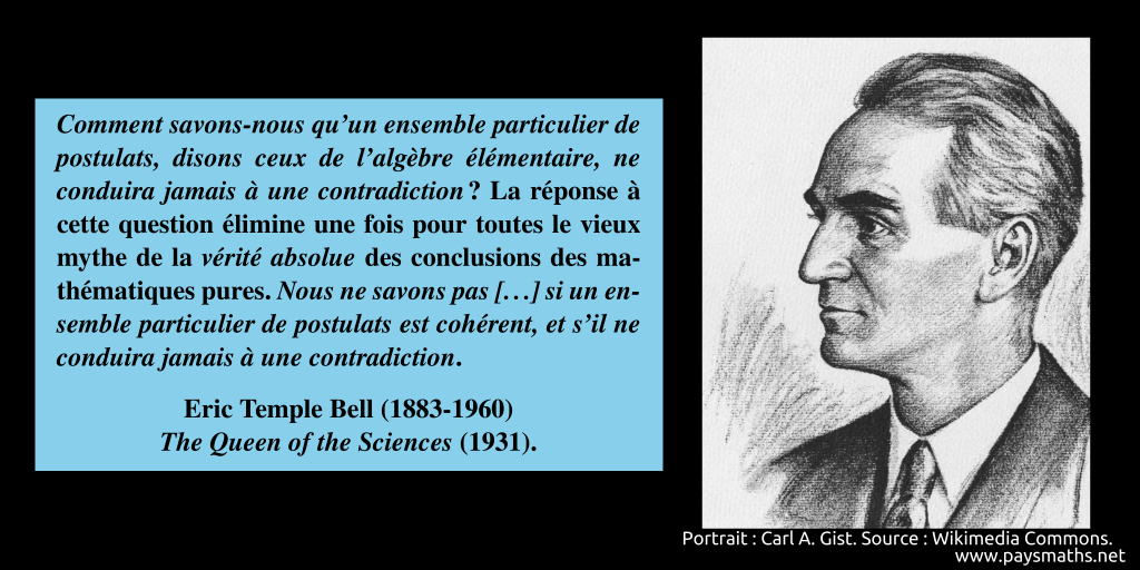Portrait d'Eric Temple Bell, et une citation : "Comment savons-nous qu'un ensemble particulier de postulats, disons ceux de l'algèbre élémentaire, ne conduira jamais à une contradiction ? La réponse à cette question élimine une fois pour toutes le vieux mythe de la vérité absolue des conclusions des mathématiques pures. Nous ne savons pas [...] si un ensemble particulier de postulats est cohérent, et s'il ne conduira jamais à une contradiction."