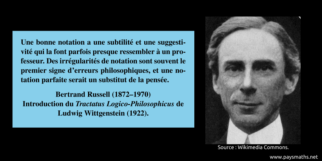 Portrait photographique de Bertrand Russell, et une citation : "Une bonne notation a une subtilité et une suggestivité qui la font parfois presque ressembler à un professeur. Des irrégularités de notation sont souvent le premier signe d'erreurs philosophiques, et une notation parfaite serait un substitut de la pensée."
