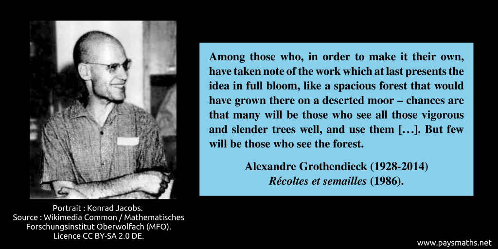 Photographic portrait of Alexandre Grothendieck, and a quote : "Among those who, in order to make it their own, have taken note of the work which at last presents the idea in full bloom, like a spacious forest that would have grown there on a deserted moor – chances are that many will be those who see all those vigorous and slender trees well, and use them [...]. But few will be those who see the forest."