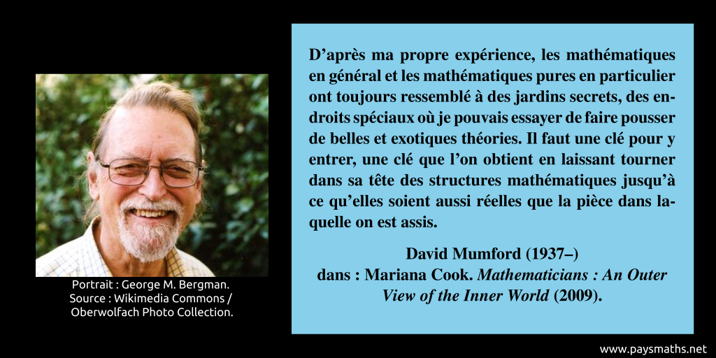 Portrait photographique de David Mumford, et une citation : "D'après ma propre expérience, les mathématiques en général et les mathématiques pures en particulier ont toujours ressemblé à des jardins secrets, des endroits spéciaux où je pouvais essayer de faire pousser de belles et exotiques théories. Il faut une clé pour y entrer, une clé que l'on obtient en laissant tourner dans sa tête des structures mathématiques jusqu'à ce qu'elles soient aussi réelles que la pièce dans laquelle on est assis."