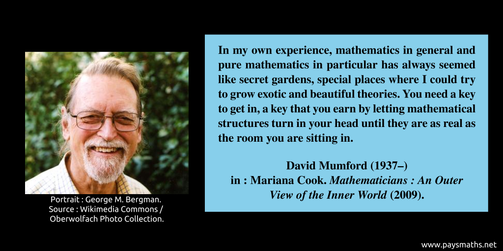 Photographic portrait of David Mumford, and a quote : "In my own experience, mathematics in general and pure mathematics in particular has always seemed like secret gardens, special places where I could try to grow exotic and beautiful theories. You need a key to get in, a key that you earn by letting mathematical structures turn in your head until they are as real as the room you are sitting in."