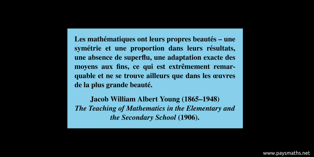 Citation de Jacob William Albert Young : "Les mathématiques ont leurs propres beautés – une symétrie et une proportion dans leurs résultats, une absence de superflu, une adaptation exacte des moyens aux fins, ce qui est extrêmement remarquable et ne se trouve ailleurs que dans les œuvres de la plus grande beauté."