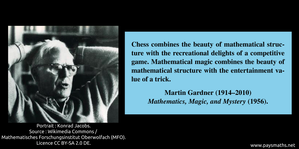 Photographic portrait of Martin Gardner, and a quote : "Chess combines the beauty of mathematical structure with the recreational delights of a competitive game. Mathematical magic combines the beauty of mathematical structure with the entertainment value of a trick."