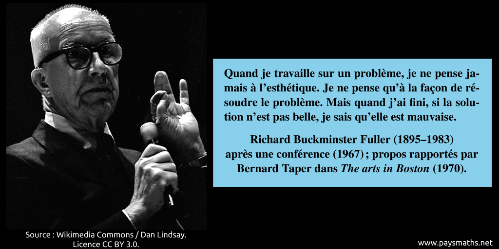 Portrait photographique de Buckminster Fuller, et une citation : "Quand je travaille sur un problème, je ne pense jamais à l'esthétique. Je ne pense qu'à la façon de résoudre le problème. Mais quand j'ai fini, si la solution n'est pas belle, je sais qu'elle est mauvaise."