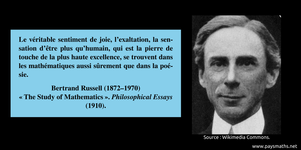 Portrait photographique de Bertrand Russell, et une citation : "Le véritable sentiment de joie, l'exaltation, la sensation d'être plus qu'humain, qui est la pierre de touche de la plus haute excellence, se trouvent dans les mathématiques aussi sûrement que dans la poésie."