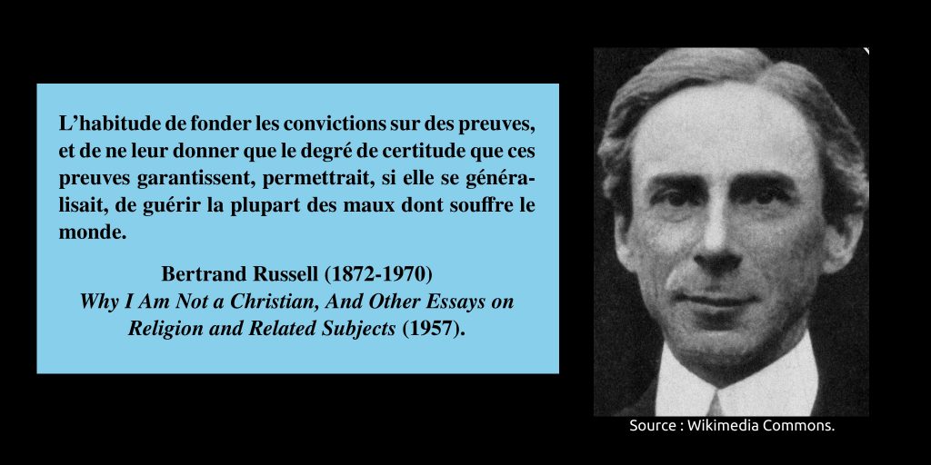 Portrait photographique de Bertrand Russell, et une citation : "L'habitude de fonder les convictions sur des preuves, et de ne leur donner que le degré de certitude que ces preuves garantissent, permettrait, si elle se généralisait, de guérir la plupart des maux dont souffre le monde."
