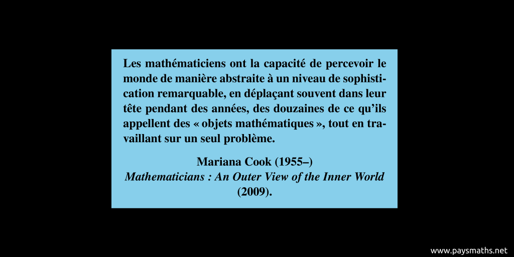 Citation de Mariana Cook : "Les mathématiciens ont la capacité de percevoir le monde de manière abstraite à un niveau de sophistication remarquable, en déplaçant souvent dans leur tête pendant des années, des douzaines de ce qu'ils appellent des "objets mathématiques", tout en travaillant sur un seul problème."