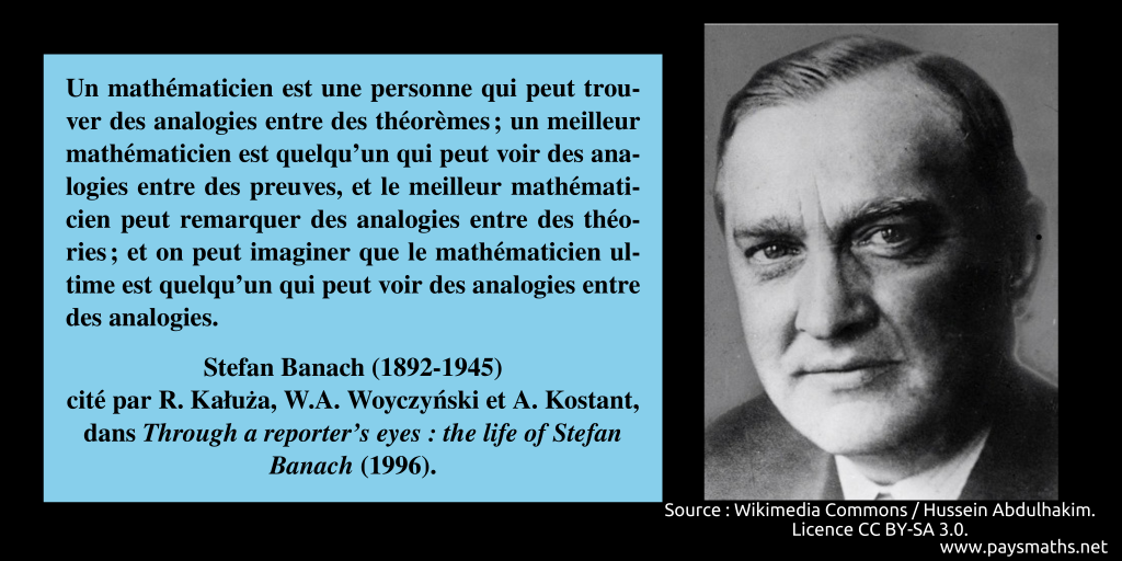 Portrait photographique de Stefan Banach, et une citation : "Un mathématicien est une personne qui peut trouver des analogies entre des théorèmes ; un meilleur mathématicien est quelqu'un qui peut voir des analogies entre des preuves, et le meilleur mathématicien peut remarquer des analogies entre des théories ; et on peut imaginer que le mathématicien ultime est quelqu'un qui peut voir des analogies entre des analogies."