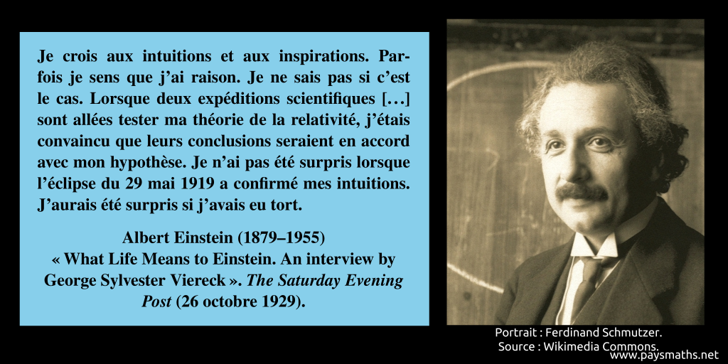 Portrait photographique d'Albert Einstein, et une citation : "Je crois aux intuitions et aux inspirations. Parfois je sens que j'ai raison. Je ne sais pas si c'est le cas. Lorsque deux expéditions scientifiques [...] sont allées tester ma théorie de la relativité, j'étais convaincu que leurs conclusions seraient en accord avec mon hypothèse. Je n'ai pas été surpris lorsque l'éclipse du 29 mai 1919 a confirmé mes intuitions. J'aurais été surpris si j'avais eu tort."