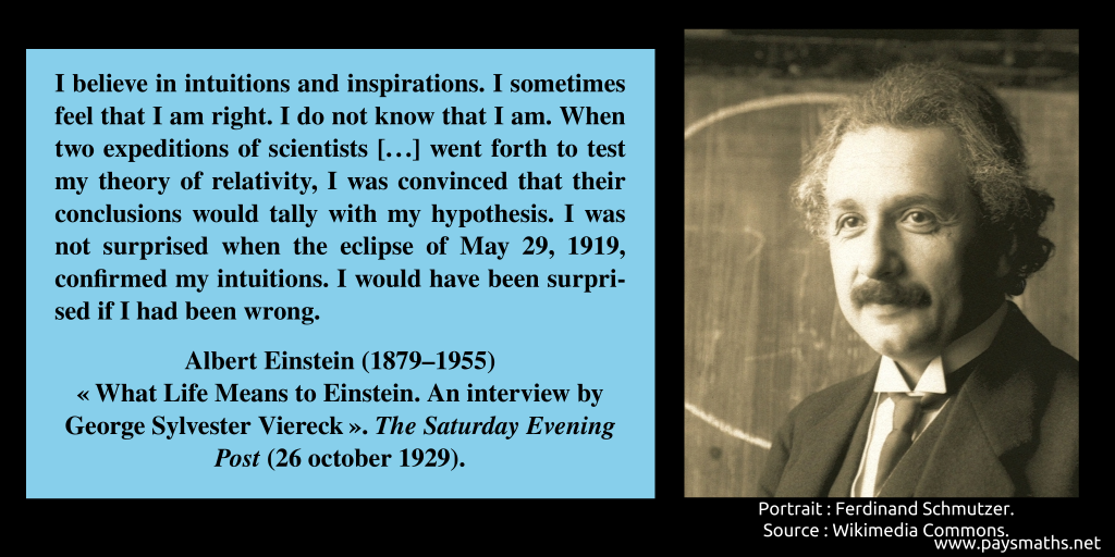 Photographic portrait of Albert Einstein, and a quote : "I believe in intuitions and inspirations. I sometimes feel that I am right. I do not know that I am. When two expeditions of scientists [...] went forth to test my theory of relativity, I was convinced that their conclusions would tally with my hypothesis. I was not surprised when the eclipse of May 29, 1919, confirmed my intuitions. I would have been surprised if I had been wrong."
