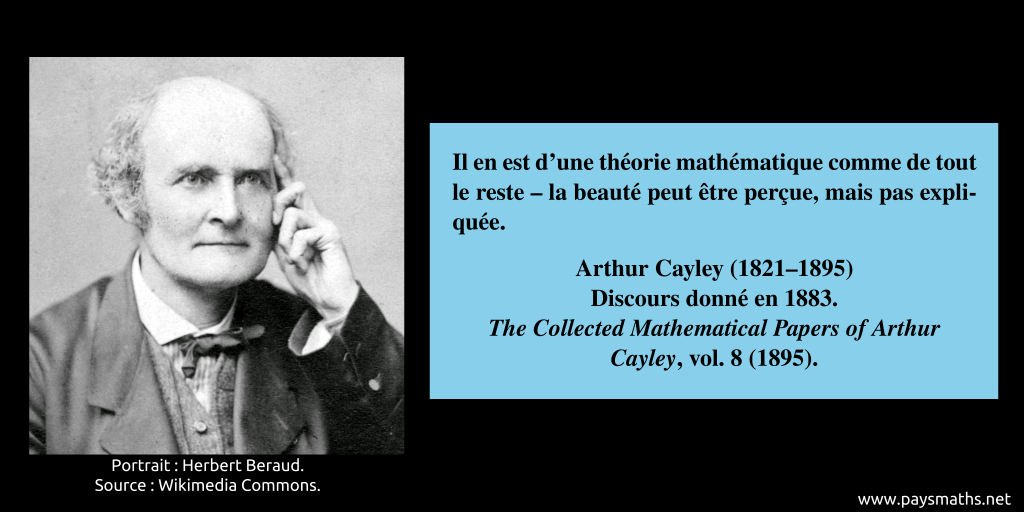 Portrait photographique d'Arthur Cayley, et une citation : "Il en est d'une théorie mathématique comme de tout le reste – la beauté peut être perçue, mais pas expliquée."
