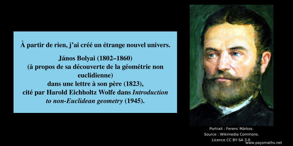 Portrait de János Bolyai, et une citation : "À partir de rien, j'ai créé un étrange nouvel univers."