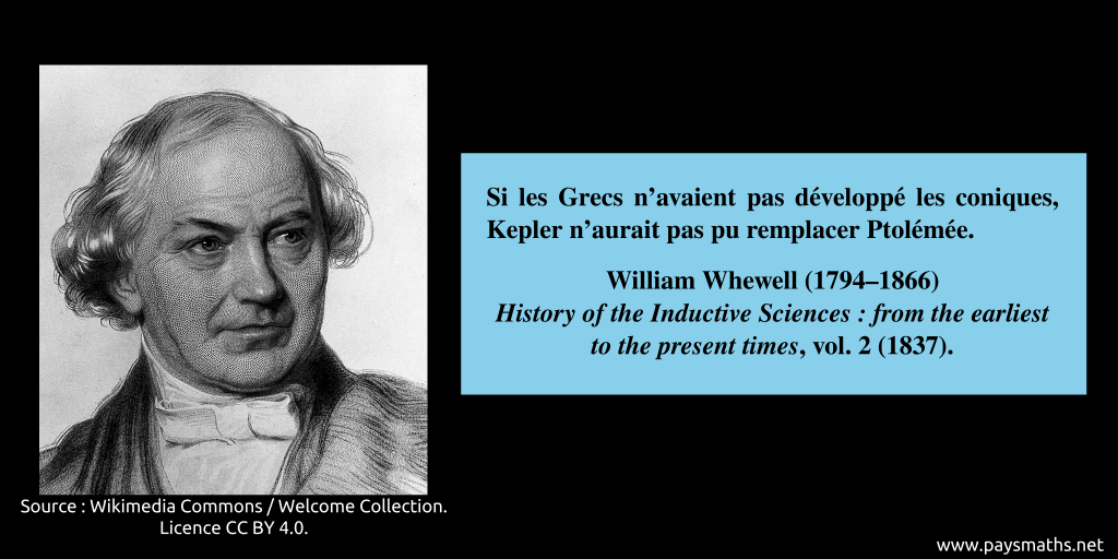 Portrait de William Whewell, et une citation : "Si les Grecs n'avaient pas développé les coniques, Kepler n'aurait pas pu remplacer Ptolémée."