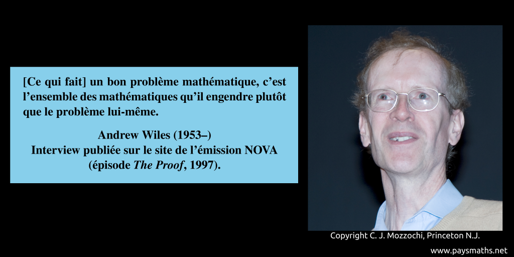 Portrait photographique d'Andrew Wiles, et une citation : "[Ce qui fait] un bon problème mathématique, c'est l'ensemble des mathématiques qu'il engendre plutôt que le problème lui-même."