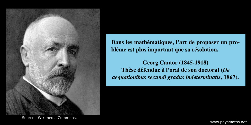 Portrait photographique de Georg Cantor, et une citation : "Dans les mathématiques, l'art de proposer un problème est plus important que sa résolution."
