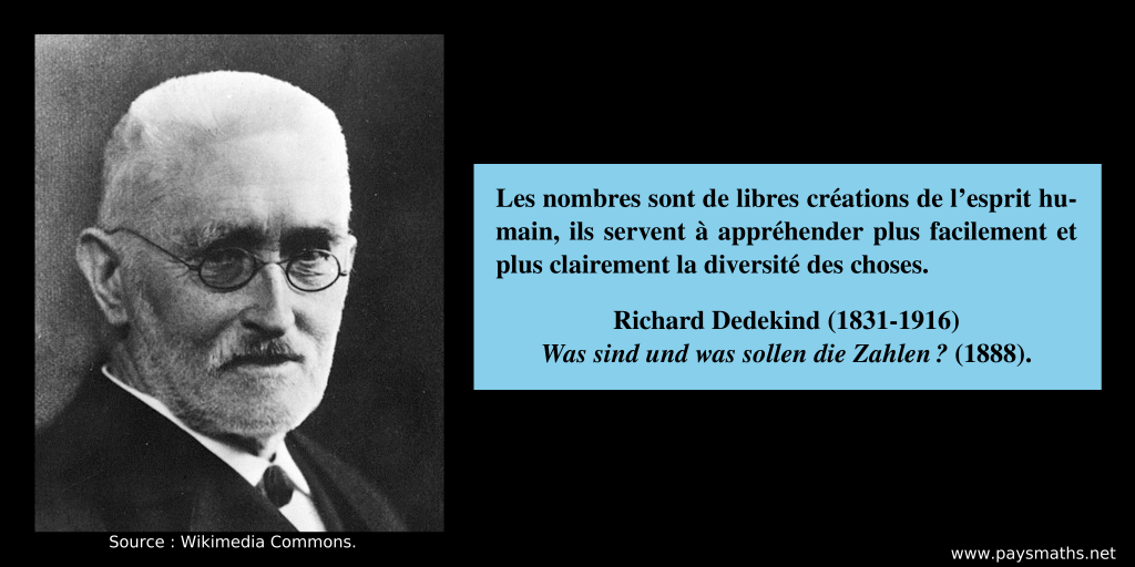 Portrait photographique de Richard Dedekind, et une citation : "Les nombres sont de libres créations de l'esprit humain, ils servent à appréhender plus facilement et plus clairement la diversité des choses."