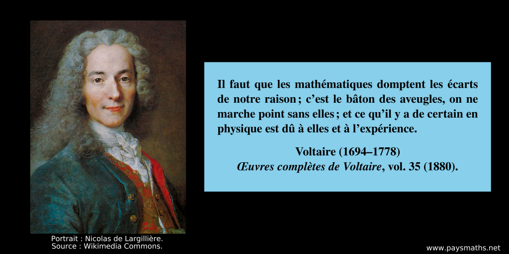 Portrait de Voltaire, et une citation : "Il faut que les mathématiques domptent les écarts de notre raison; c'est le bâton des aveugles, on ne marche point sans elles ; et ce qu'il y a de certain en physique est dû à elles et à l'expérience."
