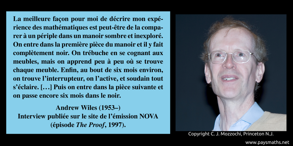 Portrait photographique d'Andrew Wiles, et une citation : "La meilleure façon pour moi de décrire mon expérience des mathématiques est peut-être de la comparer à un périple dans un manoir sombre et inexploré. On entre dans la première pièce du manoir et il y fait complètement noir. On trébuche en se cognant aux meubles, mais on apprend peu à peu où se trouve chaque meuble. Enfin, au bout de six mois environ, on trouve l'interrupteur, on l'active, et soudain tout s'éclaire. [...] Puis on entre dans la pièce suivante et on passe encore six mois dans le noir."