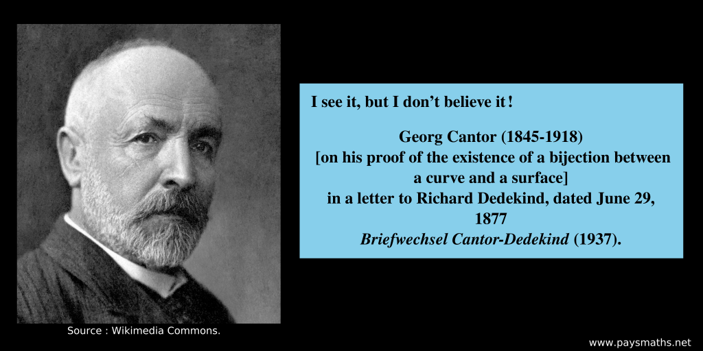Photographic portrait of Georg Cantor, and a quote : "I see it, but I don't believe it!"