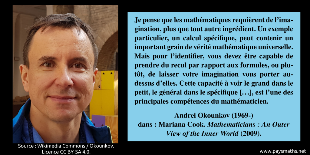 Portrait photographique de Andrei Okounkov, et une citation : "Je pense que les mathématiques requièrent de l'imagination, plus que tout autre ingrédient. Un exemple particulier, un calcul spécifique, peut contenir un important grain de vérité mathématique universelle. Mais pour l'identifier, vous devez être capable de prendre du recul par rapport aux formules, ou plutôt, de laisser votre imagination vous porter au-dessus d'elles. Cette capacité à voir le grand dans le petit, le général dans le spécifique [...], est l'une des principales compétences du mathématicien."