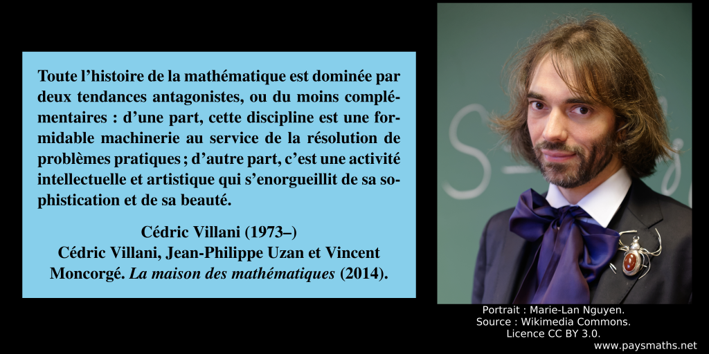Portrait photographique de Cédric Villani, et une citation : "Toute l’histoire de la mathématique est dominée par deux tendances antagonistes, ou du moins complémentaires : d’une part, cette discipline est une formidable machinerie au service de la résolution de problèmes pratiques; d’autre part, c’est une activité intellectuelle et artistique qui s’enorgueillit de sa sophistication et de sa beauté."