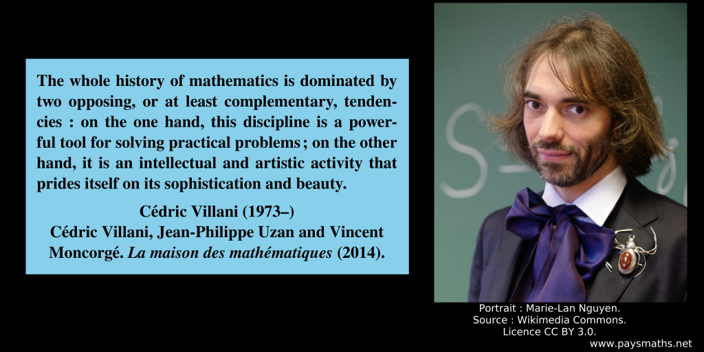 Photographic portrait of Cédric Villani, and a quote : "The whole history of mathematics is dominated by two opposing, or at least complementary, tendencies: on the one hand, this discipline is a powerful tool for solving practical problems; on the other hand, it is an intellectual and artistic activity that prides itself on its sophistication and beauty."