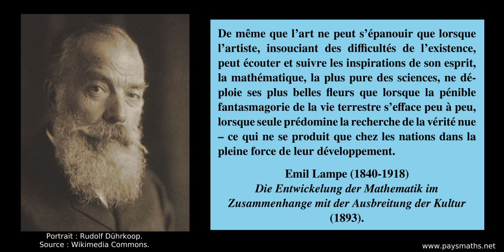 Portrait photographique de Emil Lampe, et une citation : "De même que l'art ne peut s'épanouir que lorsque l'artiste, insouciant des difficultés de l'existence, peut écouter et suivre les inspirations de son esprit, la mathématique, la plus pure des sciences, ne déploie ses plus belles fleurs que lorsque la pénible fantasmagorie de la vie terrestre s'efface peu à peu, lorsque seule prédomine la recherche de la vérité nue – ce qui ne se produit que chez les nations dans la pleine force de leur développement."