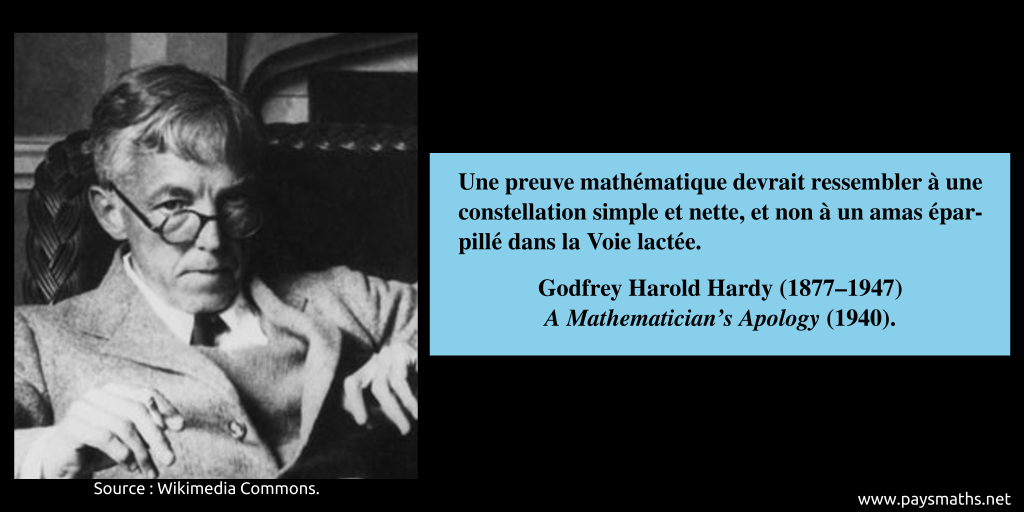 Portrait photographique de Godfrey Harold Hardy, et une citation : "Une preuve mathématique devrait ressembler à une constellation simple et nette, et non à un amas éparpillé dans la Voie lactée."
