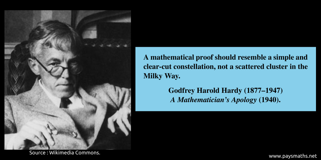 Photographic portrait of Godfrey Harold Hardy, and a quote : "A mathematical proof should resemble a simple and clear-cut constellation, not a scattered cluster in the Milky Way."