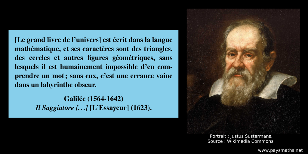 Portrait de Galilée, et une citation : "[Le grand livre de l'univers] est écrit dans la langue mathématique, et ses caractères sont des triangles, des cercles et autres figures géométriques, sans lesquels il est humainement impossible d'en comprendre un mot ; sans eux, c'est une errance vaine dans un labyrinthe obscur."