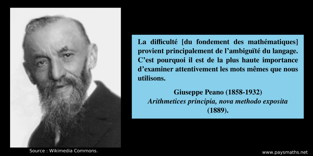 Portrait photographique de Giuseppe Peano, et une citation : "La difficulté [du fondement des mathématiques] provient principalement de l'ambiguïté du langage. C'est pourquoi il est de la plus haute importance d'examiner attentivement les mots mêmes que nous utilisons."