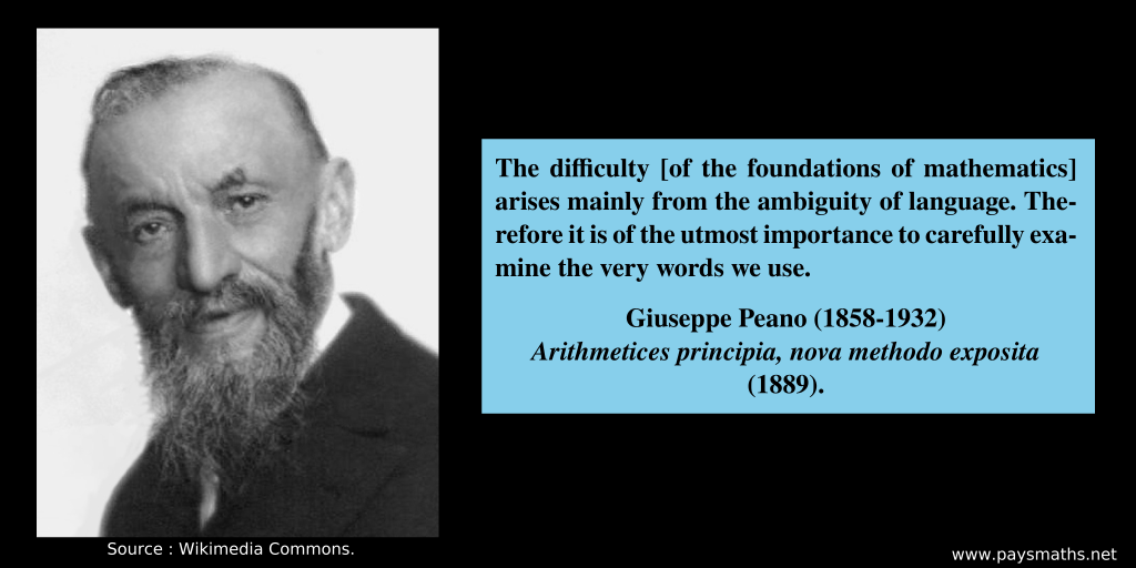 Photographic portrait of Giuseppe Peano, and a quote : "The difficulty [of the foundations of mathematics] arises mainly from the ambiguity of language. Therefore it is of the utmost importance to carefully examine the very words we use."