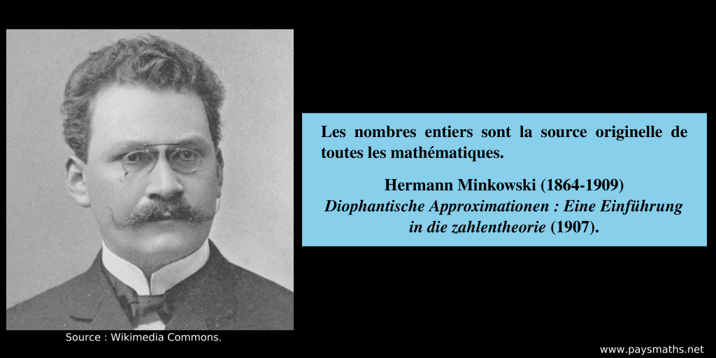 Portrait photographique de Hermann Minkowski , et une citation : "Les nombres entiers sont la source originelle de toutes les mathématiques."