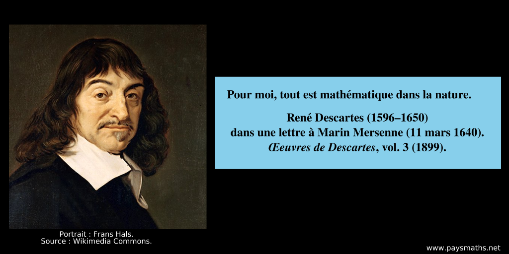 Portrait de René Descartes, et une citation : "Pour moi, tout est mathématique dans la nature."