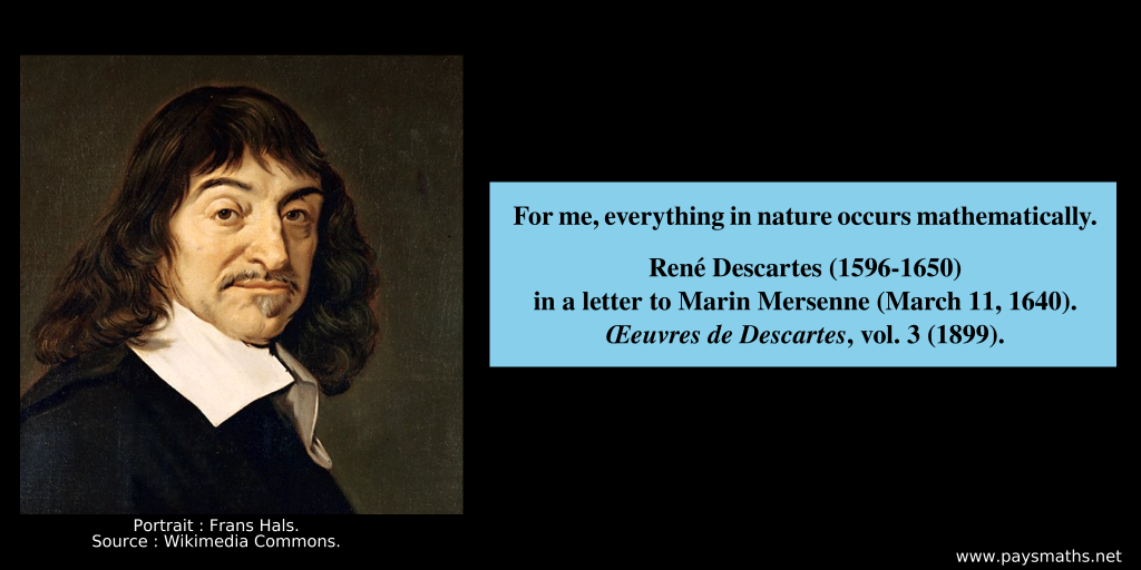 Portrait of René Descartes, and a quote : "For me, everything in nature occurs mathematically."