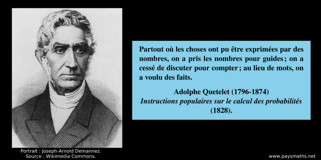 Portrait d'Adolphe Quetelet, et une citation : "Partout où les choses ont pu être exprimées par des nombres, on a pris les nombres pour guides ; on a cessé de discuter pour compter ; au lieu de mots, on a voulu des faits."