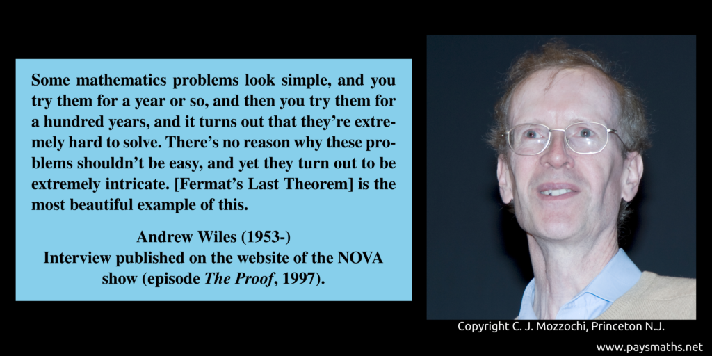 Photographic portrait of Andrew Wiles, and a quote : "Some mathematics problems look simple, and you try them for a year or so, and then you try them for a hundred years, and it turns out that they're extremely hard to solve. There's no reason why these problems shouldn't be easy, and yet they turn out to be extremely intricate. [Fermat's Last Theorem] is the most beautiful example of this."