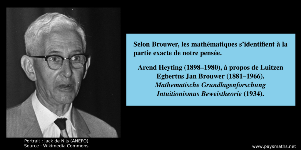 Portrait photographique d'Arend Heyting, et une citation : "Selon Brouwer, les mathématiques s'identifient à la partie exacte de notre pensée."