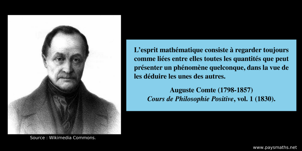 Portrait photographique d'Auguste Comte, et une citation : "L'esprit mathématique consiste à regarder toujours comme liées entre elles toutes les quantités que peut présenter un phénomène quelconque, dans la vue de les déduire les unes des autres."