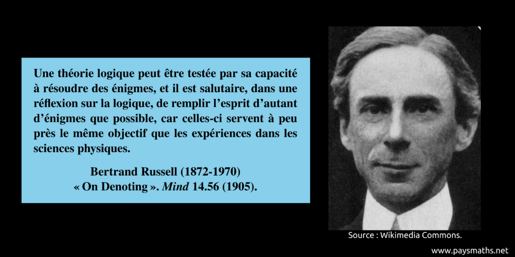Portrait photographique de Bertrand Russell, et une citation : "Une théorie logique peut être testée par sa capacité à résoudre des énigmes, et il est salutaire, dans une réflexion sur la logique, de remplir l'esprit d'autant d'énigmes que possible, car celles-ci servent à peu près le même objectif que les expériences dans les sciences physiques."