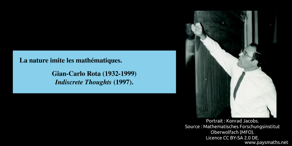 Photographic portrait of Gian-Carlo Rota, and a quote : "Nature imitates mathematics."