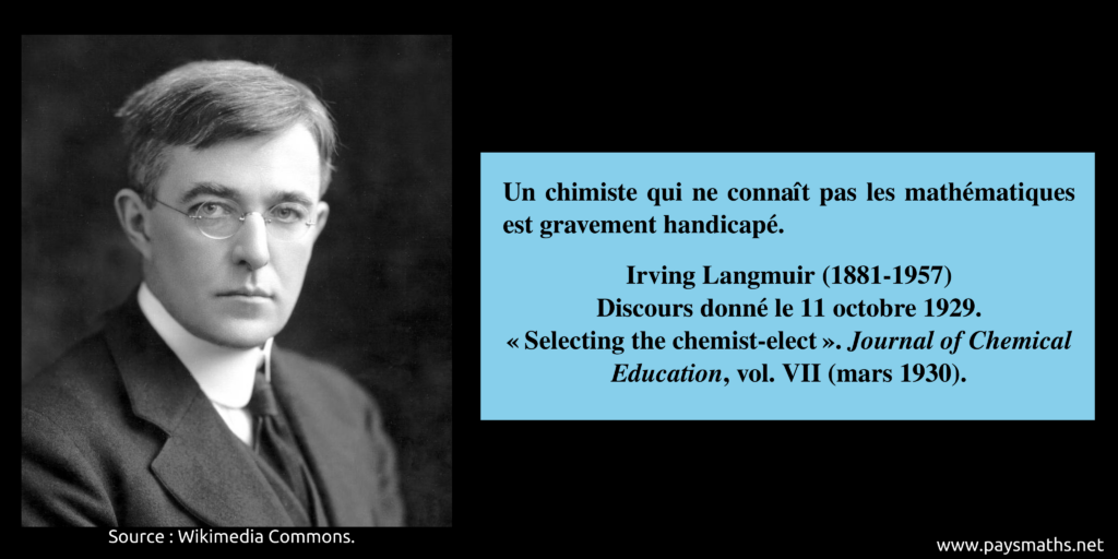 Portrait photographique d'Irving Langmuir, et une citation : "Un chimiste qui ne connaît pas les mathématiques est gravement handicapé."