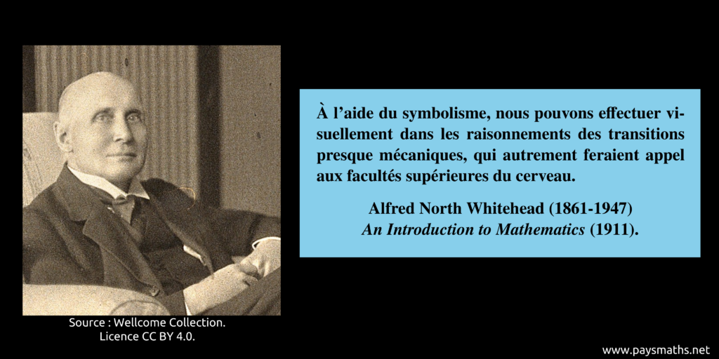 Portrait photographique d'Alfred North Whitehead, et une citation : "À l'aide du symbolisme, nous pouvons effectuer visuellement dans les raisonnements des transitions presque mécaniques, qui autrement feraient appel aux facultés supérieures du cerveau."