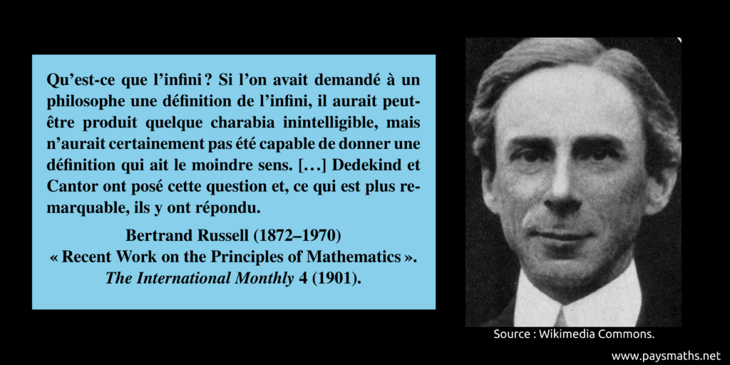 Portrait photographique de Bertrand Russell, et une citation : "Qu'est-ce que l'infini ? Si l'on avait demandé à un philosophe une définition de l'infini, il aurait peut-être produit quelque charabia inintelligible, mais n'aurait certainement pas été capable de donner une définition qui ait le moindre sens. [...] Dedekind et Cantor ont posé cette question et, ce qui est plus remarquable, ils y ont répondu."