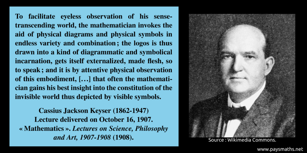 Photographic portrait of Cassius Jackson Keyser, and a quote : "To facilitate eyeless observation of his sense-transcending world, the mathematician invokes the aid of physical diagrams and physical symbols in endless variety and combination ; the logos is thus drawn into a kind of diagrammatic and symbolical incarnation, gets itself externalized, made flesh, so to speak ; and it is by attentive physical observation of this embodiment, [...] that often the mathematician gains his best insight into the constitution of the invisible world thus depicted by visible symbols."