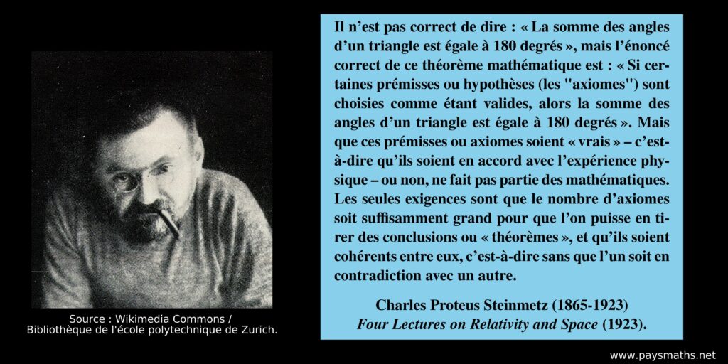 Portrait photographique de Charles Proteus Steinmetz, et une citation : "Il n'est pas correct de dire : 'La somme des angles d'un triangle est égale à 180 degrés', mais l'énoncé correct de ce théorème mathématique est : ' Si certaines prémisses ou hypothèses (les "axiomes") sont choisies comme étant valides, alors la somme des angles d'un triangle est égale à 180 degrés'. Mais que ces prémisses ou axiomes soient "vrais" – c'est-à-dire qu'ils soient en accord avec l'expérience physique – ou non, ne fait pas partie des mathématiques. Les seules exigences sont que le nombre d'axiomes soit suffisamment grand pour que l'on puisse en tirer des conclusions ou "théorèmes", et qu'ils soient cohérents entre eux, c'est-à-dire sans que l'un soit en contradiction avec un autre."