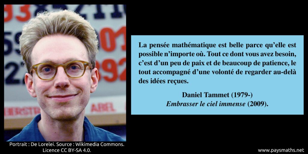 Portrait photographique de Daniel Tammet, et une citation : "La pensée mathématique est belle parce qu’elle est possible n’importe où. Tout ce dont vous avez besoin, c’est d’un peu de paix et de beaucoup de patience, le tout accompagné d’une volonté de regarder au-delà des idées reçues."