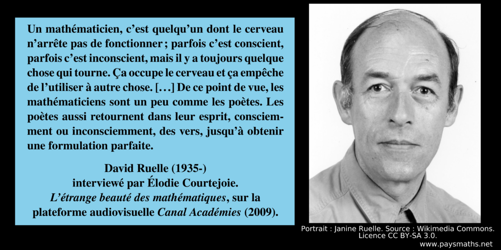 Portrait photographique de David Ruelle, et une citation : "Un mathématicien, c'est quelqu'un dont le cerveau n'arrête pas de fonctionner ; parfois c'est conscient, parfois c'est inconscient, mais il y a toujours quelque chose qui tourne. Ça occupe le cerveau et ça empêche de l'utiliser à autre chose. [...] De ce point de vue, les mathématiciens sont un peu comme les poètes. Les poètes aussi retournent dans leur esprit, consciemment ou inconsciemment, des vers, jusqu'à obtenir une formulation parfaite."