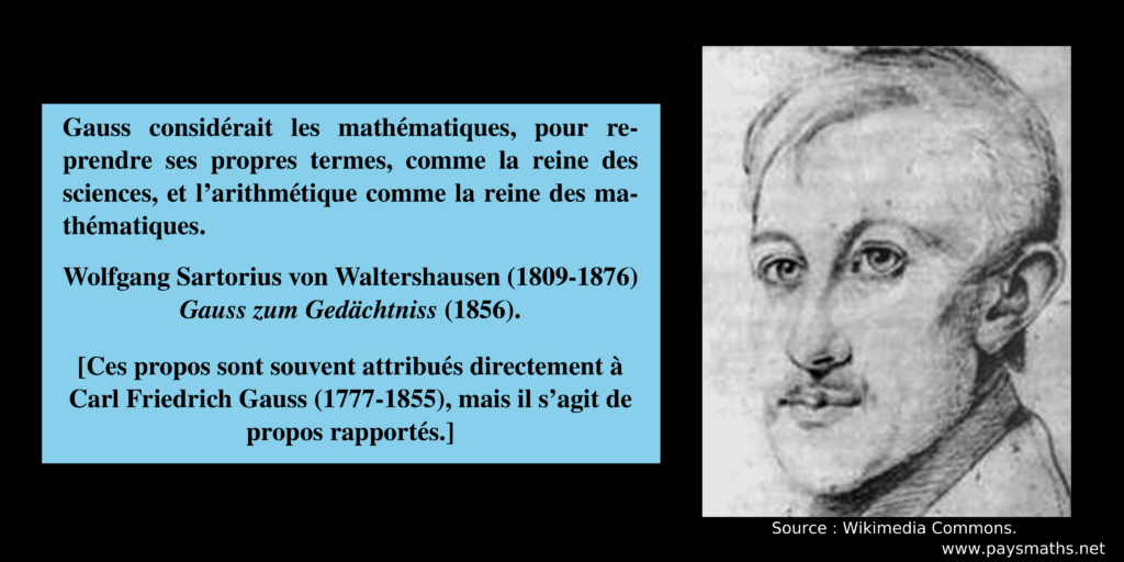 Portrait de Wolfgang Sartorius von Waltershausen, et une citation : "Gauss considérait les mathématiques, pour reprendre ses propres termes, comme la reine des sciences, et l'arithmétique comme la reine des mathématiques."